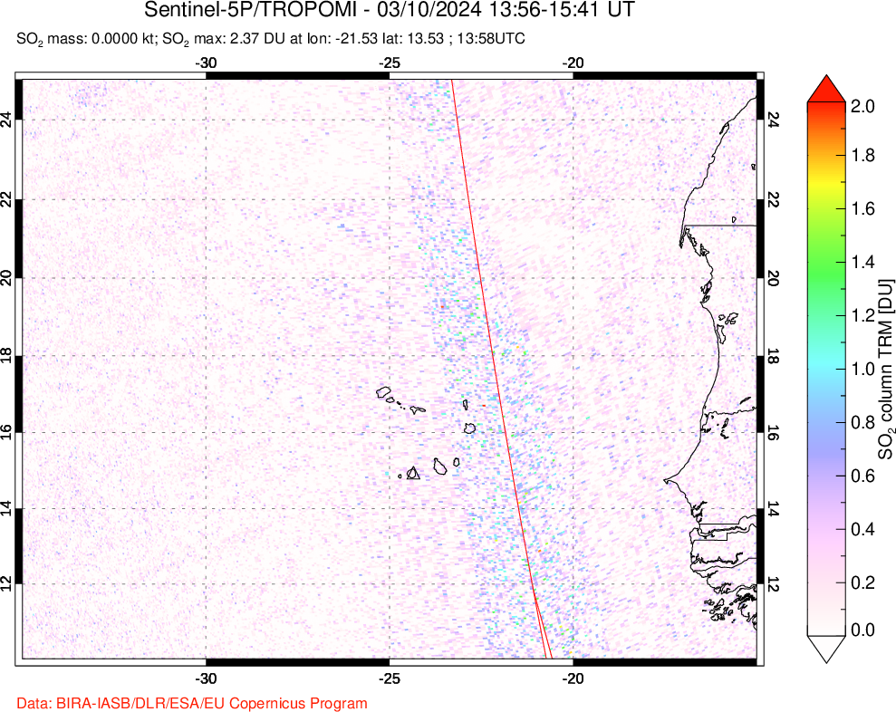 A sulfur dioxide image over Cape Verde Islands on Mar 10, 2024.