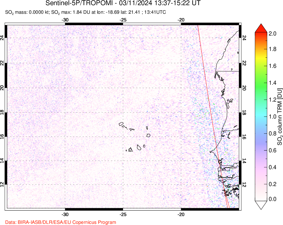 A sulfur dioxide image over Cape Verde Islands on Mar 11, 2024.