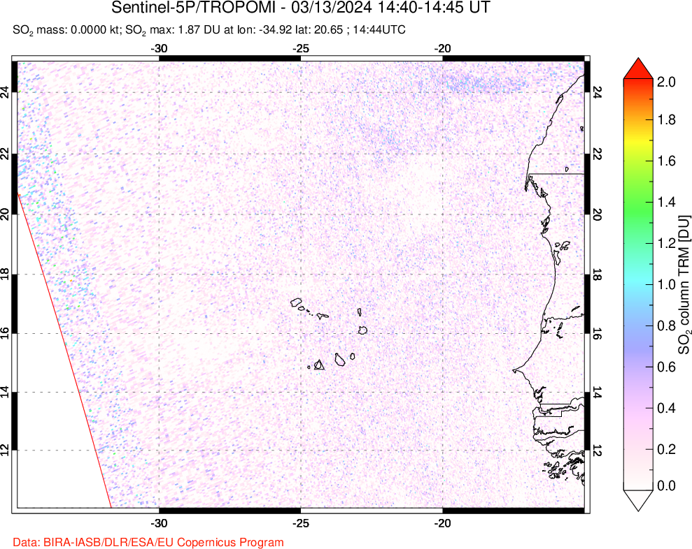 A sulfur dioxide image over Cape Verde Islands on Mar 13, 2024.