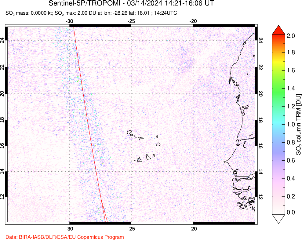 A sulfur dioxide image over Cape Verde Islands on Mar 14, 2024.