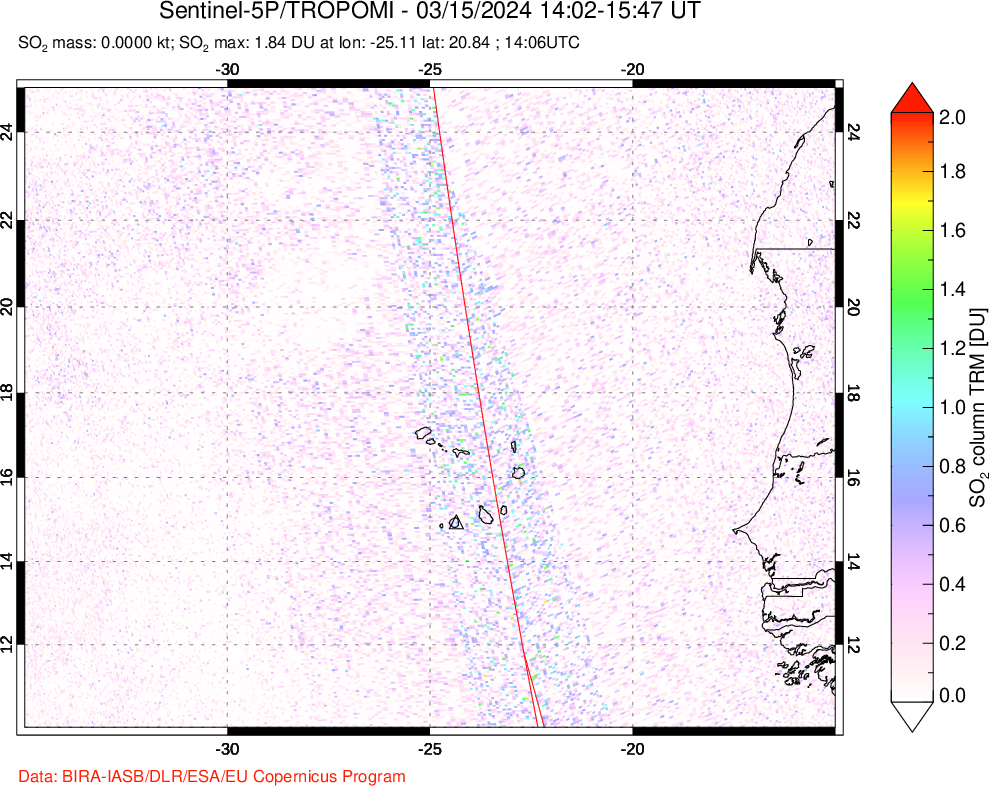 A sulfur dioxide image over Cape Verde Islands on Mar 15, 2024.