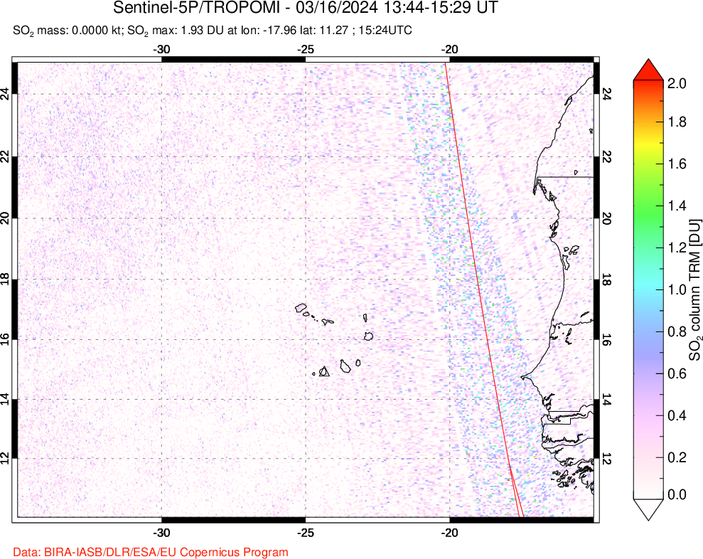 A sulfur dioxide image over Cape Verde Islands on Mar 16, 2024.