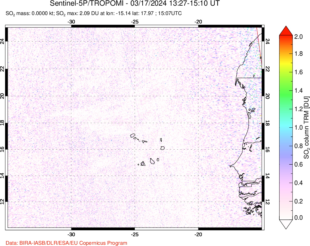 A sulfur dioxide image over Cape Verde Islands on Mar 17, 2024.