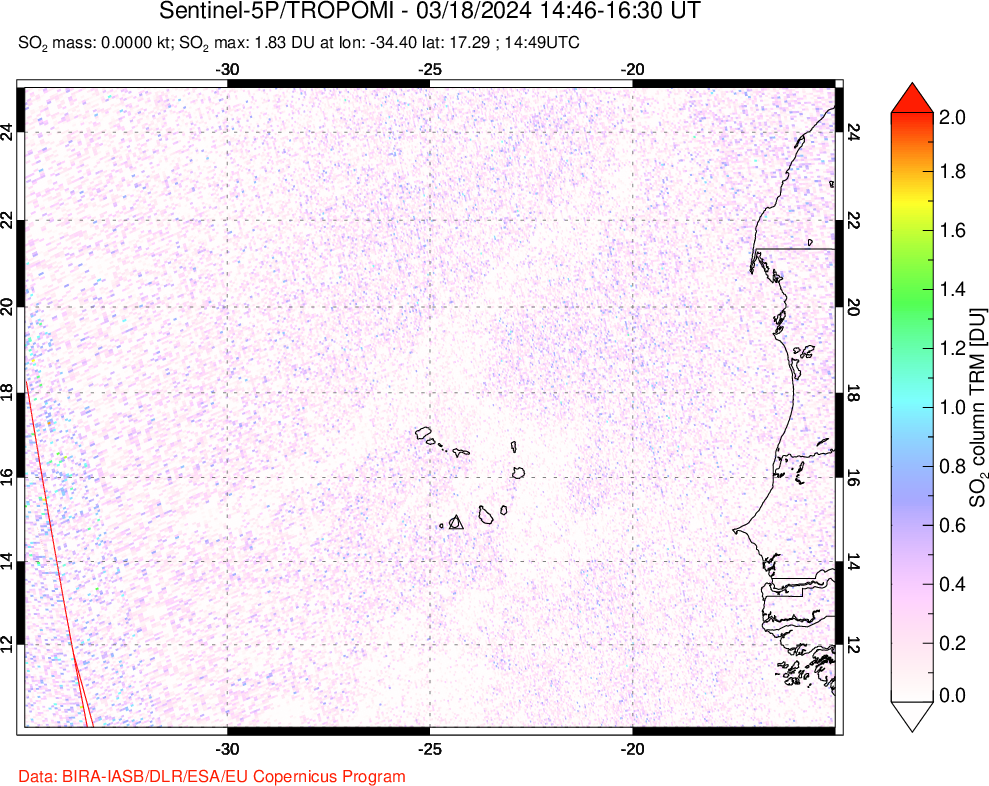 A sulfur dioxide image over Cape Verde Islands on Mar 18, 2024.