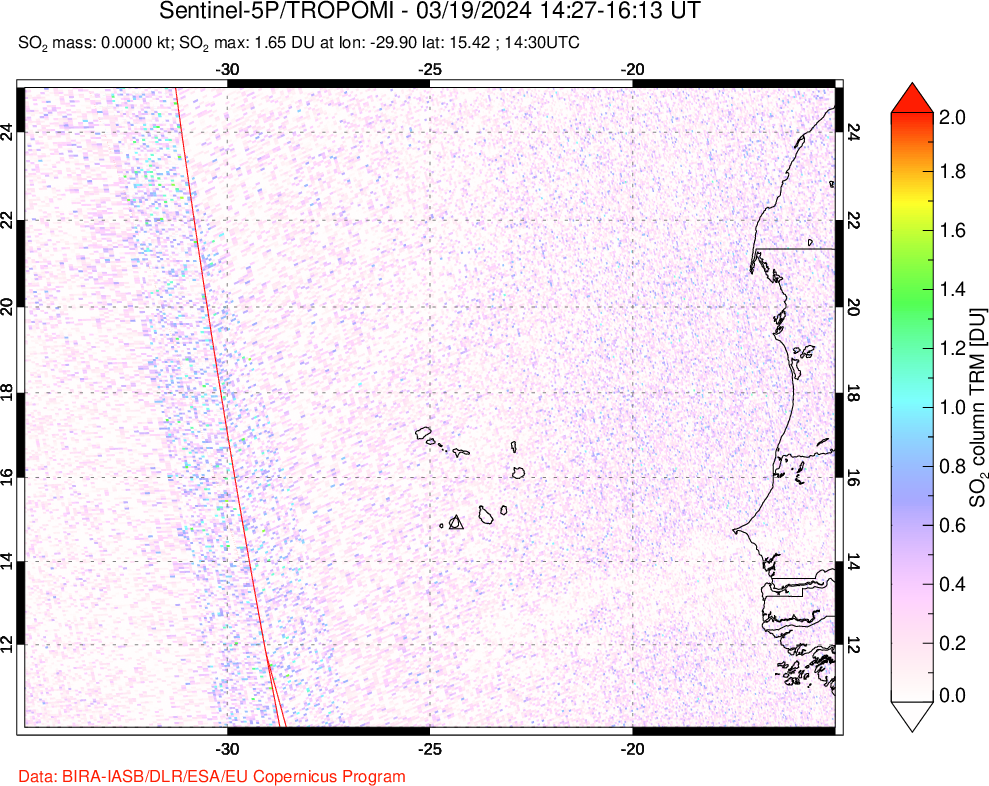 A sulfur dioxide image over Cape Verde Islands on Mar 19, 2024.