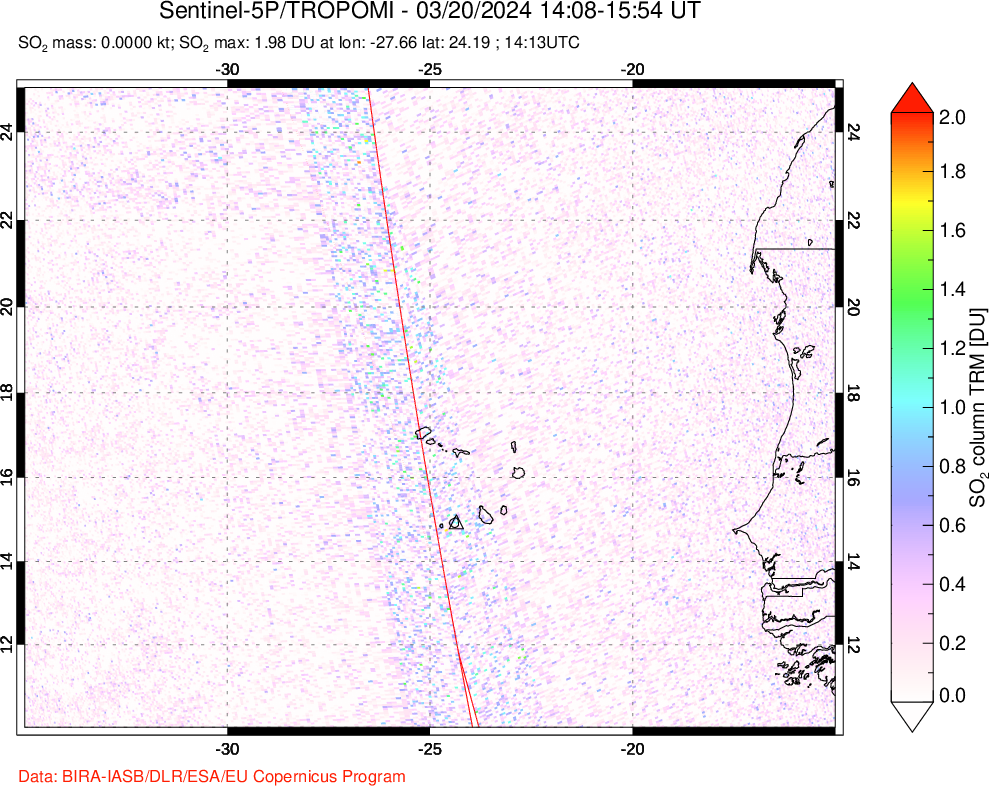 A sulfur dioxide image over Cape Verde Islands on Mar 20, 2024.