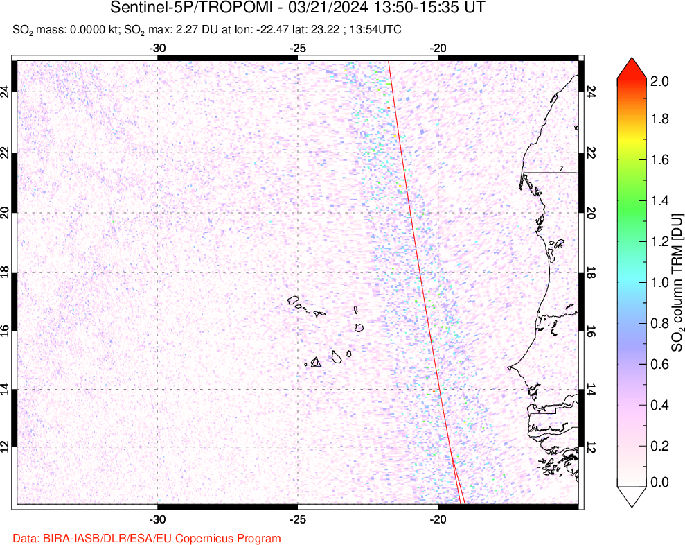 A sulfur dioxide image over Cape Verde Islands on Mar 21, 2024.