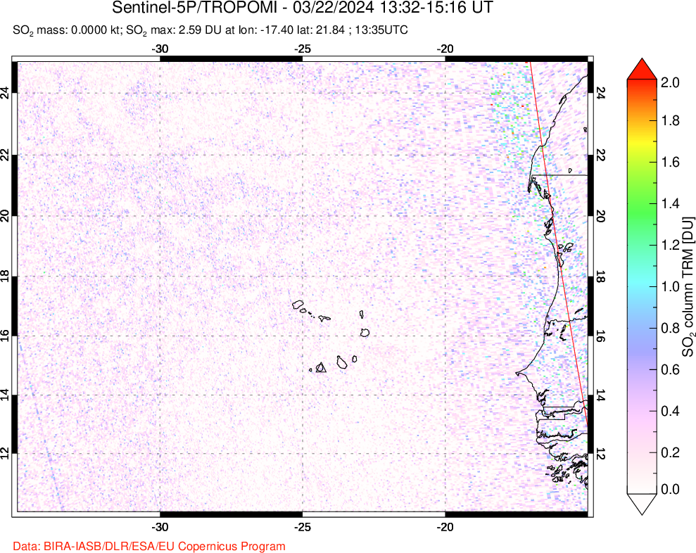 A sulfur dioxide image over Cape Verde Islands on Mar 22, 2024.