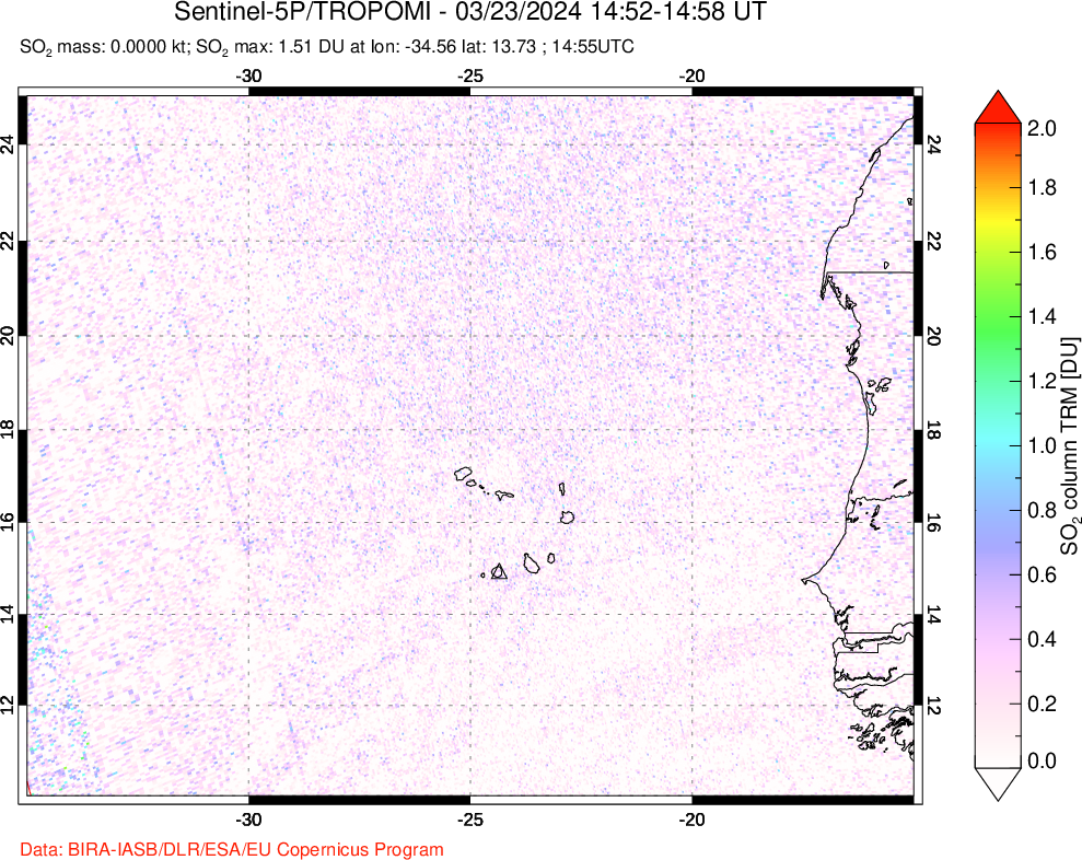 A sulfur dioxide image over Cape Verde Islands on Mar 23, 2024.