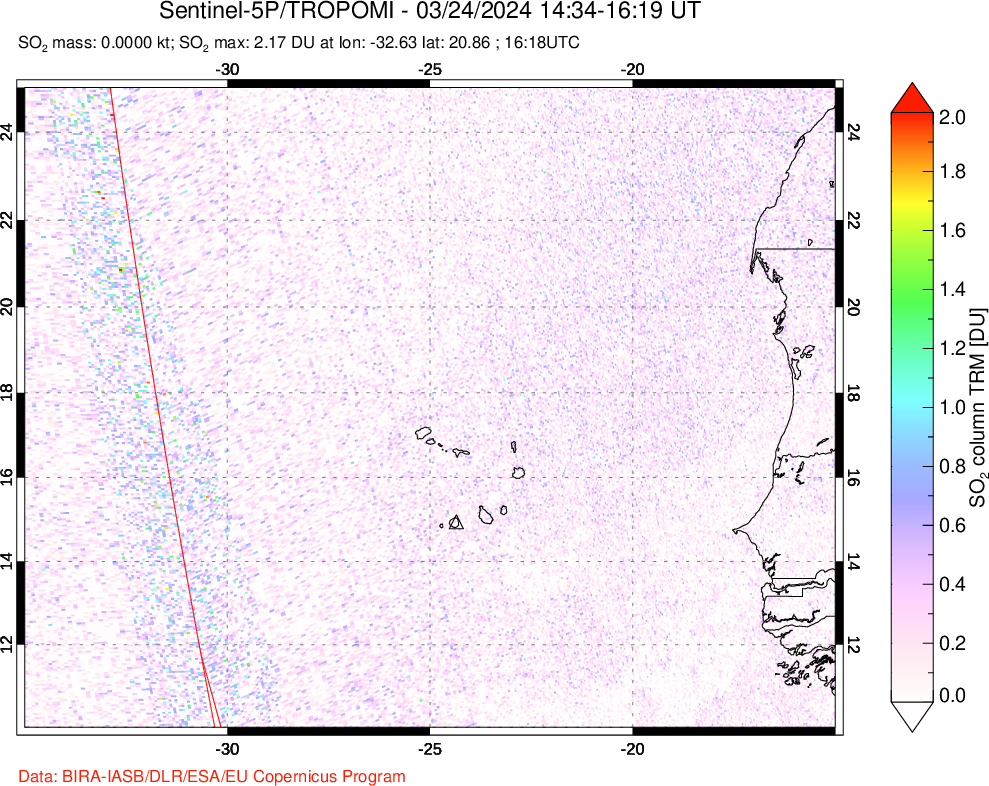 A sulfur dioxide image over Cape Verde Islands on Mar 24, 2024.