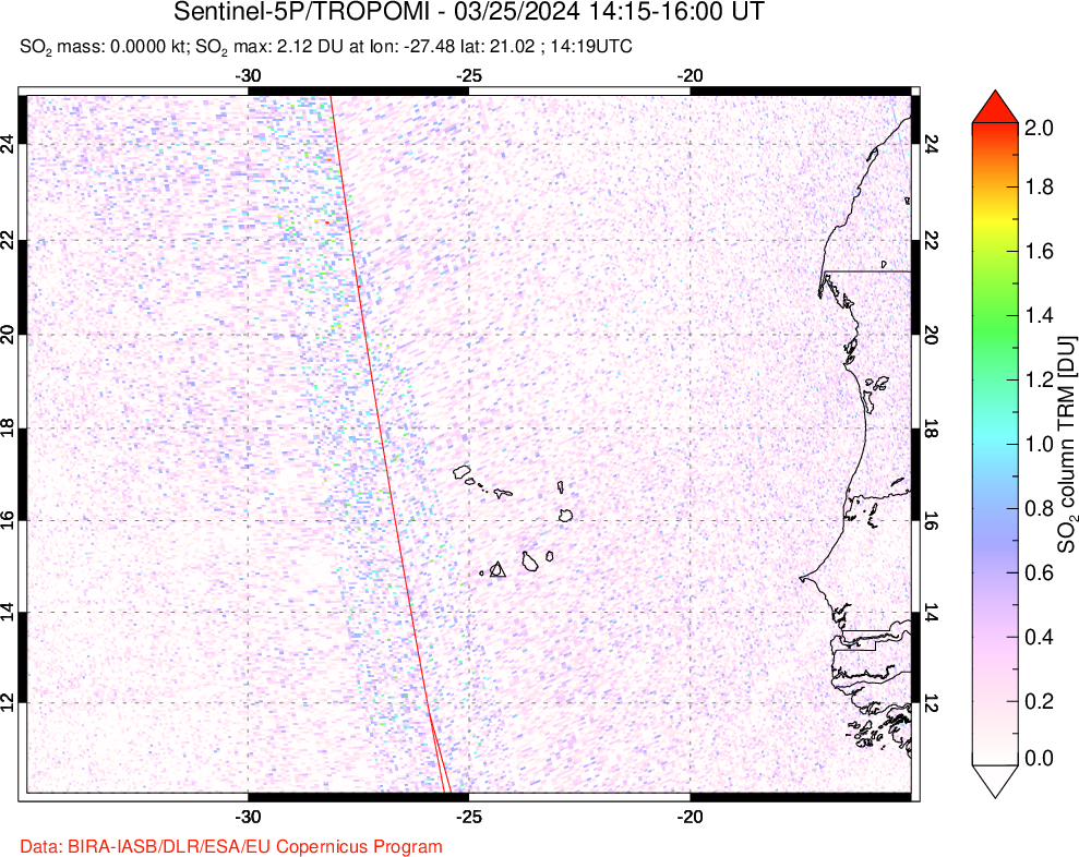 A sulfur dioxide image over Cape Verde Islands on Mar 25, 2024.