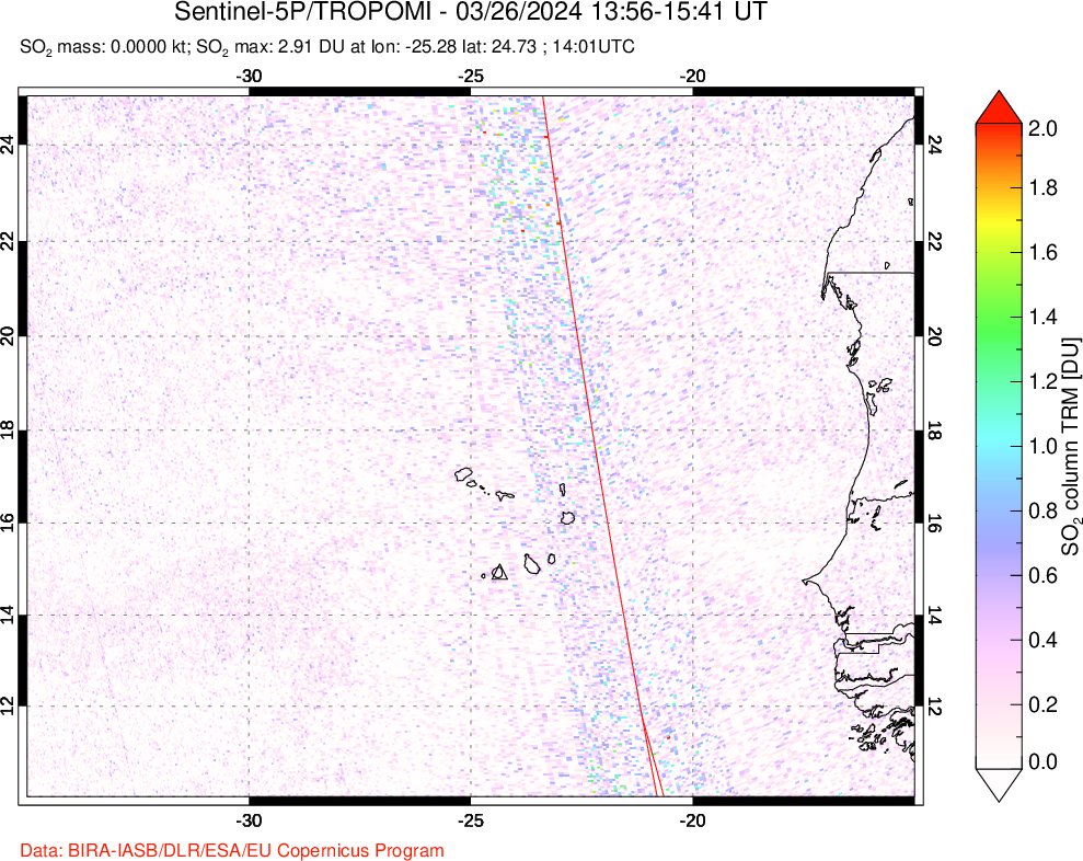 A sulfur dioxide image over Cape Verde Islands on Mar 26, 2024.