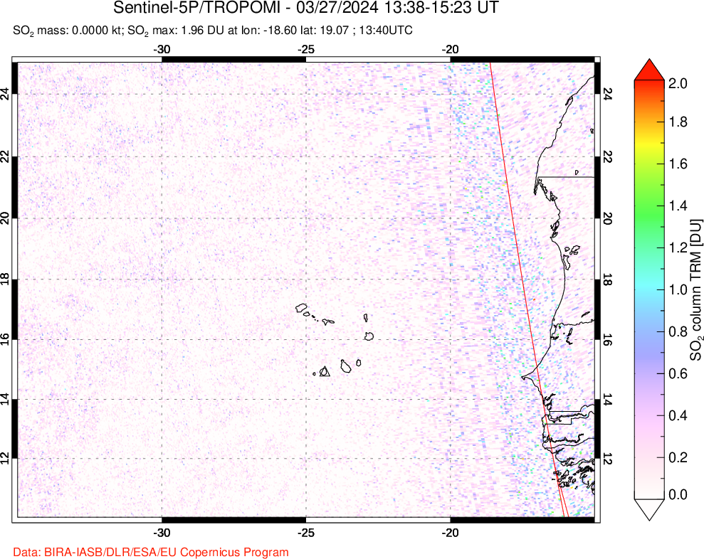 A sulfur dioxide image over Cape Verde Islands on Mar 27, 2024.