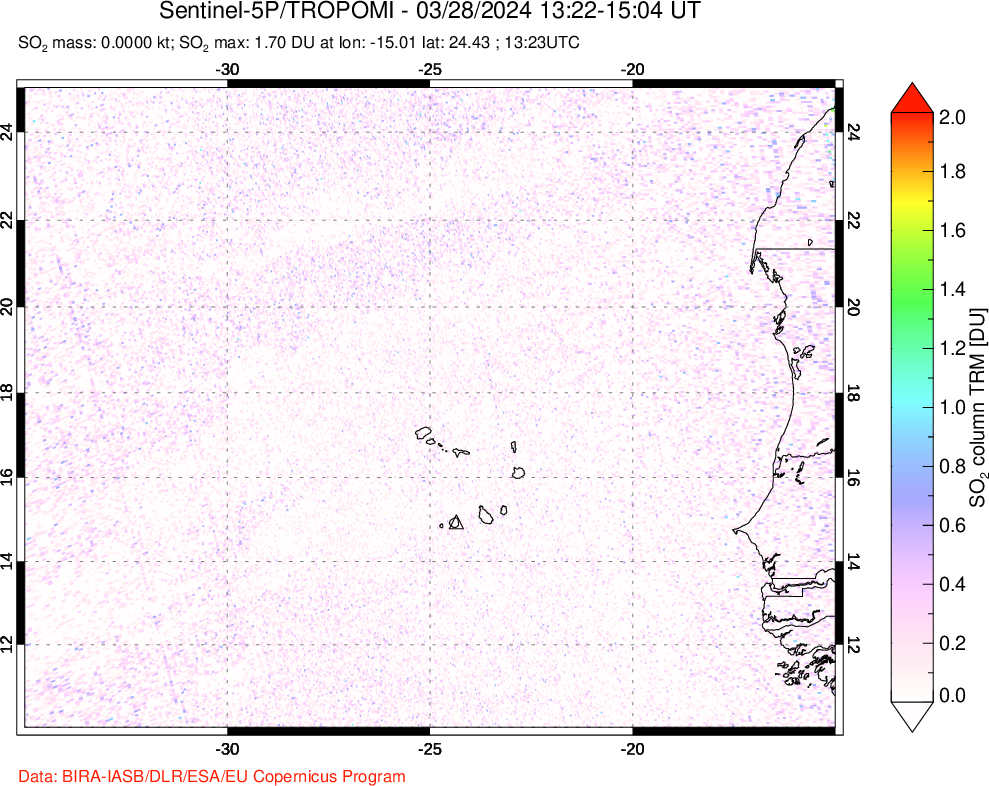 A sulfur dioxide image over Cape Verde Islands on Mar 28, 2024.