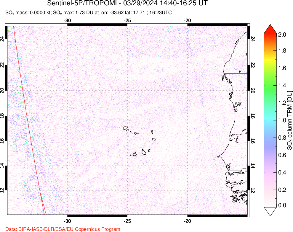 A sulfur dioxide image over Cape Verde Islands on Mar 29, 2024.