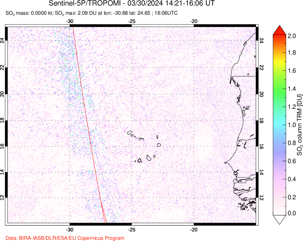 A sulfur dioxide image over Cape Verde Islands on Mar 30, 2024.