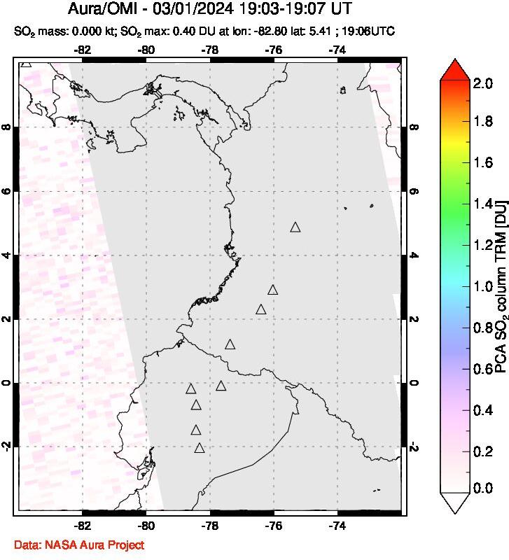 A sulfur dioxide image over Ecuador on Mar 01, 2024.