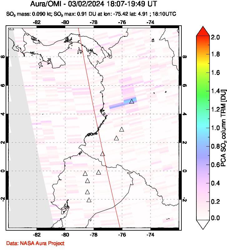 A sulfur dioxide image over Ecuador on Mar 02, 2024.