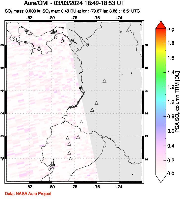 A sulfur dioxide image over Ecuador on Mar 03, 2024.