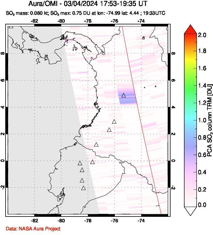 A sulfur dioxide image over Ecuador on Mar 04, 2024.