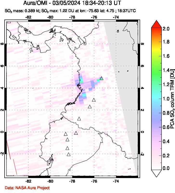 A sulfur dioxide image over Ecuador on Mar 05, 2024.