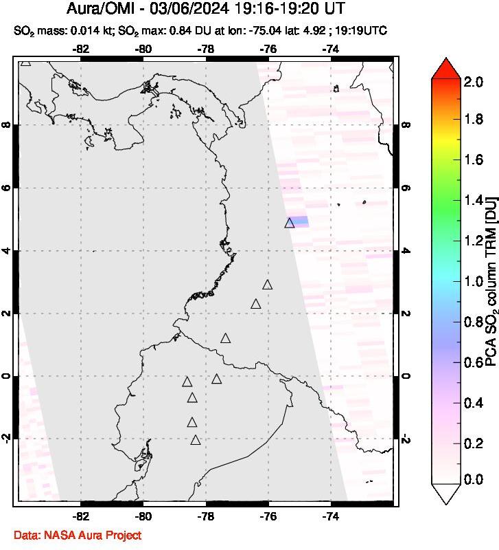 A sulfur dioxide image over Ecuador on Mar 06, 2024.