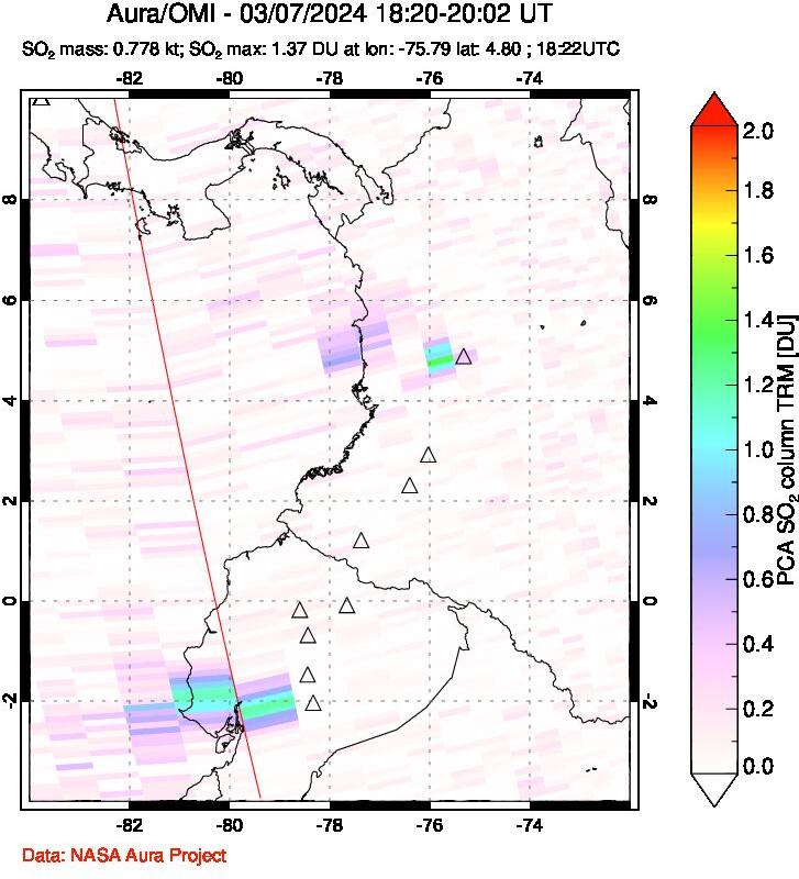 A sulfur dioxide image over Ecuador on Mar 07, 2024.