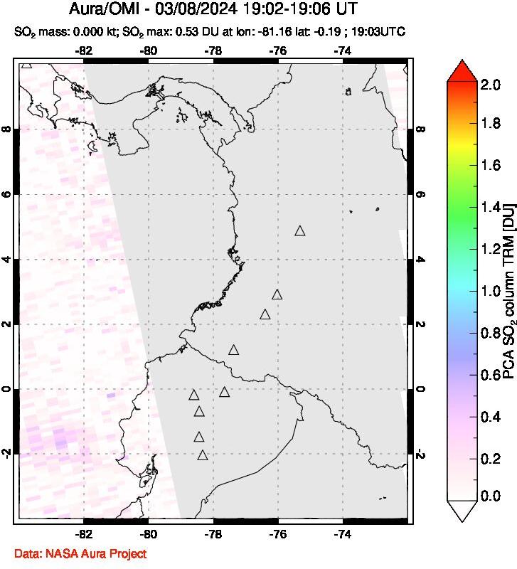 A sulfur dioxide image over Ecuador on Mar 08, 2024.