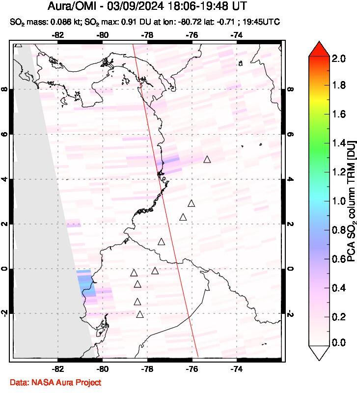 A sulfur dioxide image over Ecuador on Mar 09, 2024.