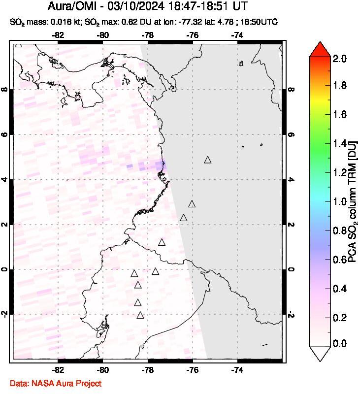 A sulfur dioxide image over Ecuador on Mar 10, 2024.