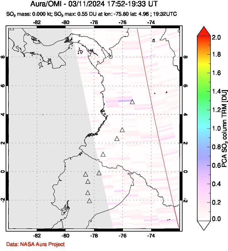 A sulfur dioxide image over Ecuador on Mar 11, 2024.