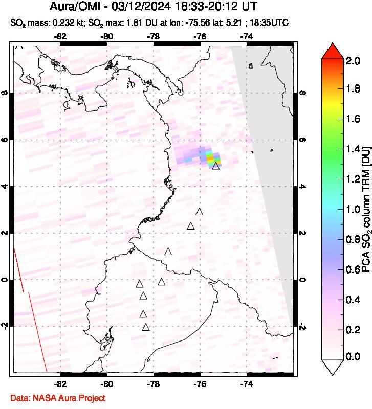 A sulfur dioxide image over Ecuador on Mar 12, 2024.