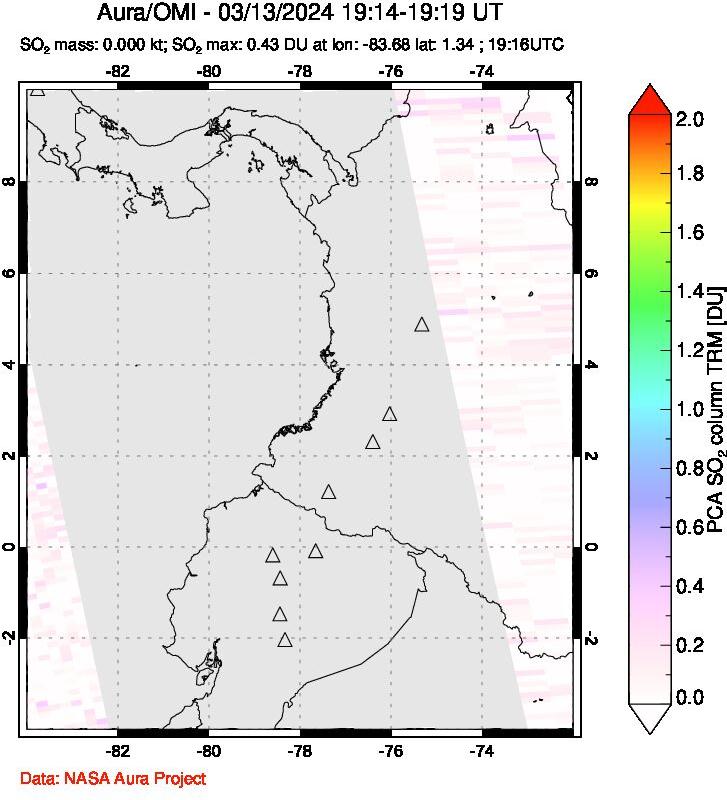 A sulfur dioxide image over Ecuador on Mar 13, 2024.