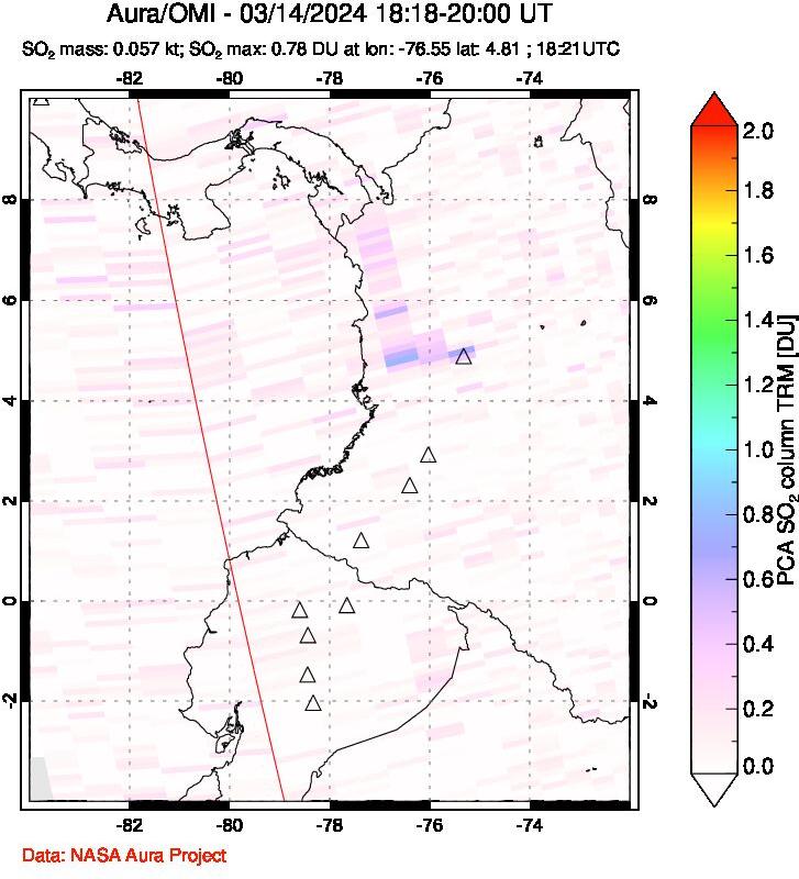 A sulfur dioxide image over Ecuador on Mar 14, 2024.