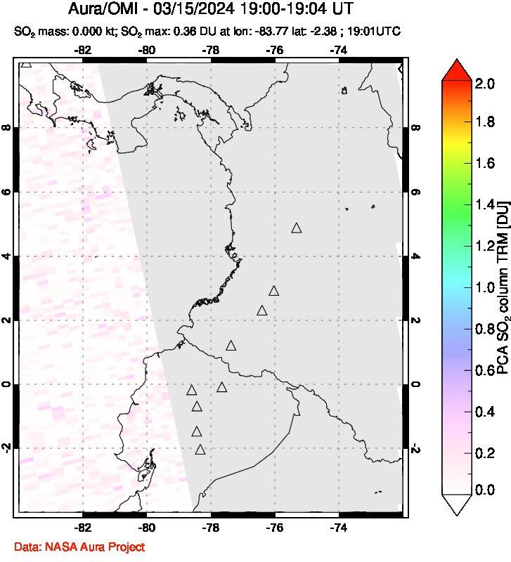 A sulfur dioxide image over Ecuador on Mar 15, 2024.