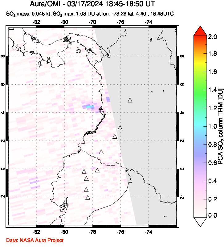 A sulfur dioxide image over Ecuador on Mar 17, 2024.