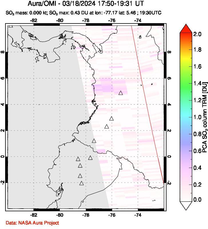 A sulfur dioxide image over Ecuador on Mar 18, 2024.