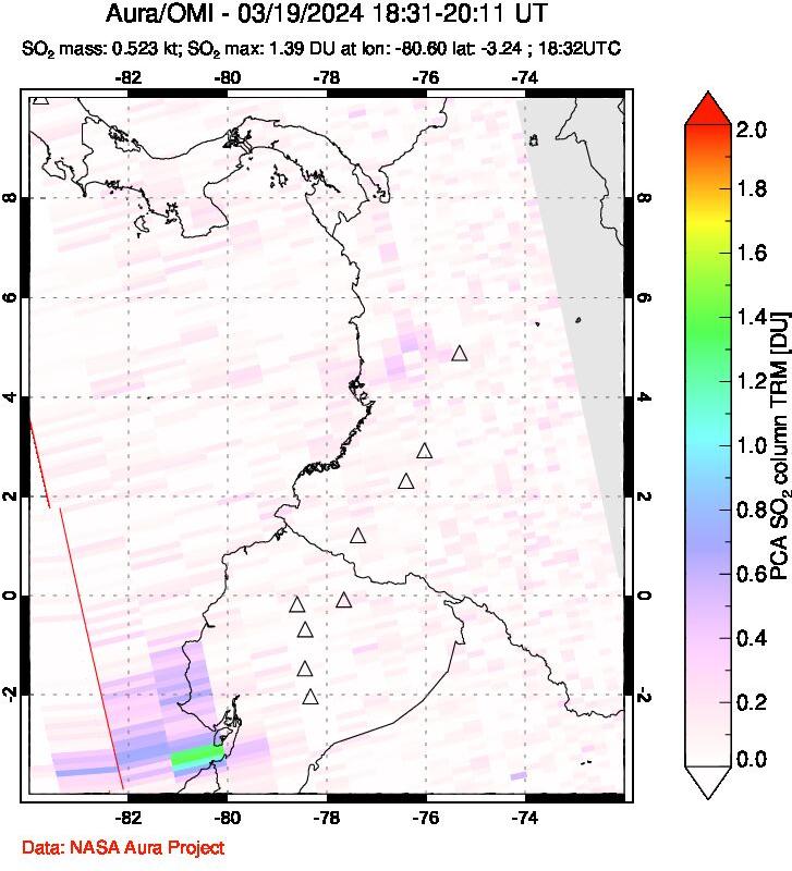 A sulfur dioxide image over Ecuador on Mar 19, 2024.