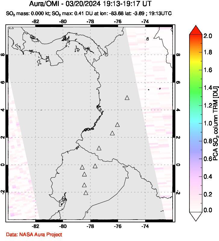 A sulfur dioxide image over Ecuador on Mar 20, 2024.