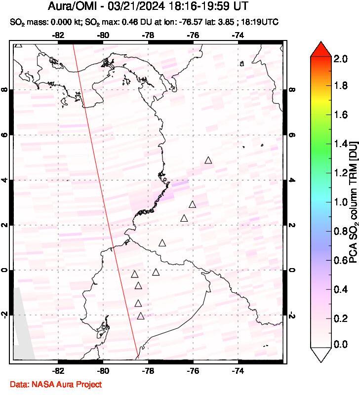 A sulfur dioxide image over Ecuador on Mar 21, 2024.