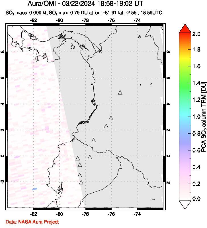 A sulfur dioxide image over Ecuador on Mar 22, 2024.