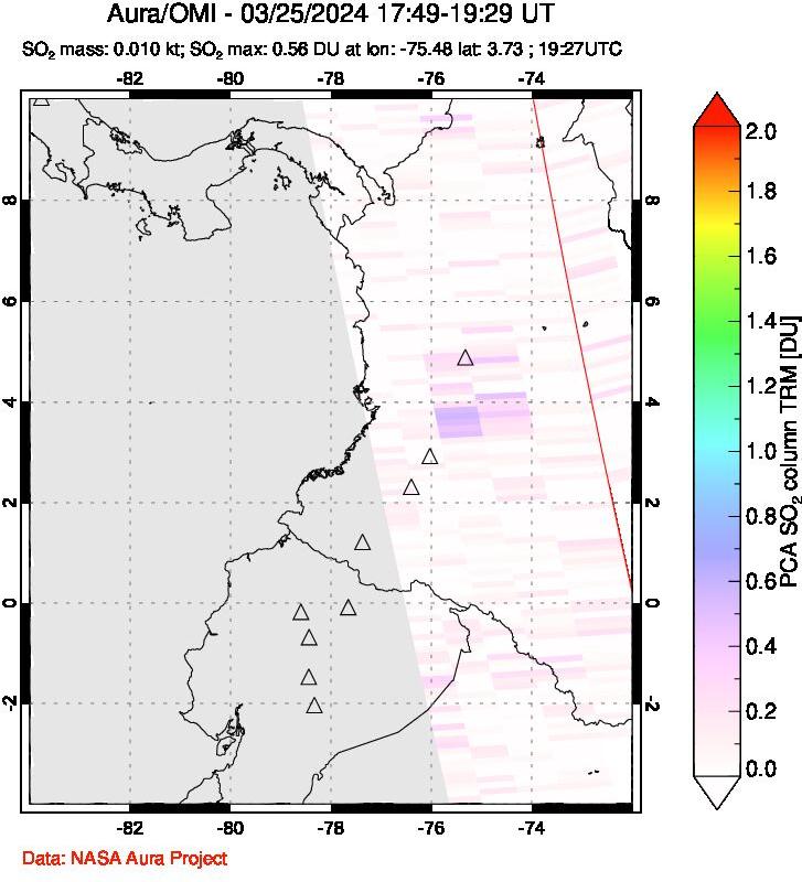 A sulfur dioxide image over Ecuador on Mar 25, 2024.