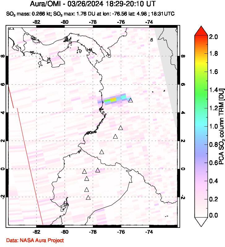 A sulfur dioxide image over Ecuador on Mar 26, 2024.