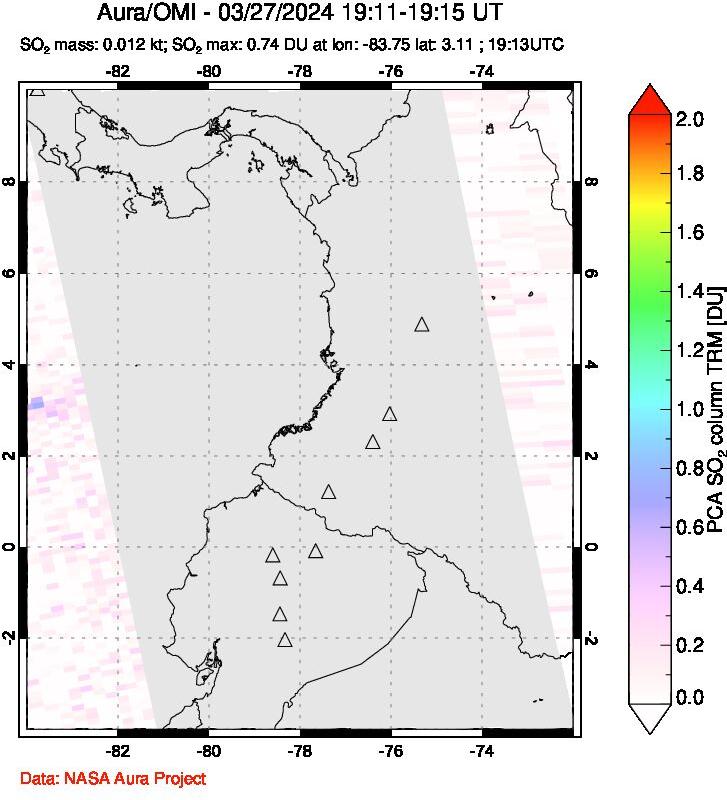 A sulfur dioxide image over Ecuador on Mar 27, 2024.