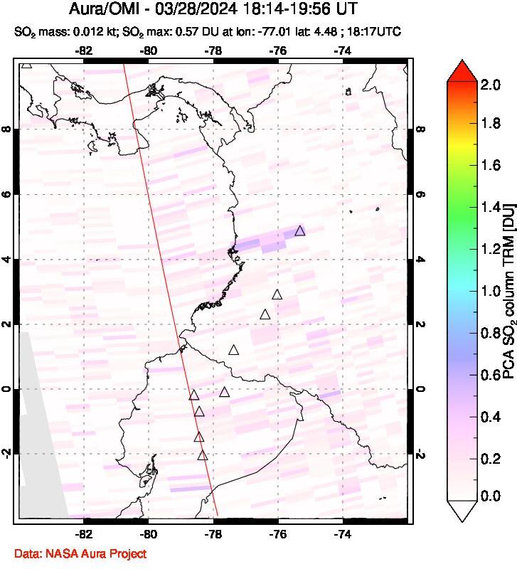 A sulfur dioxide image over Ecuador on Mar 28, 2024.