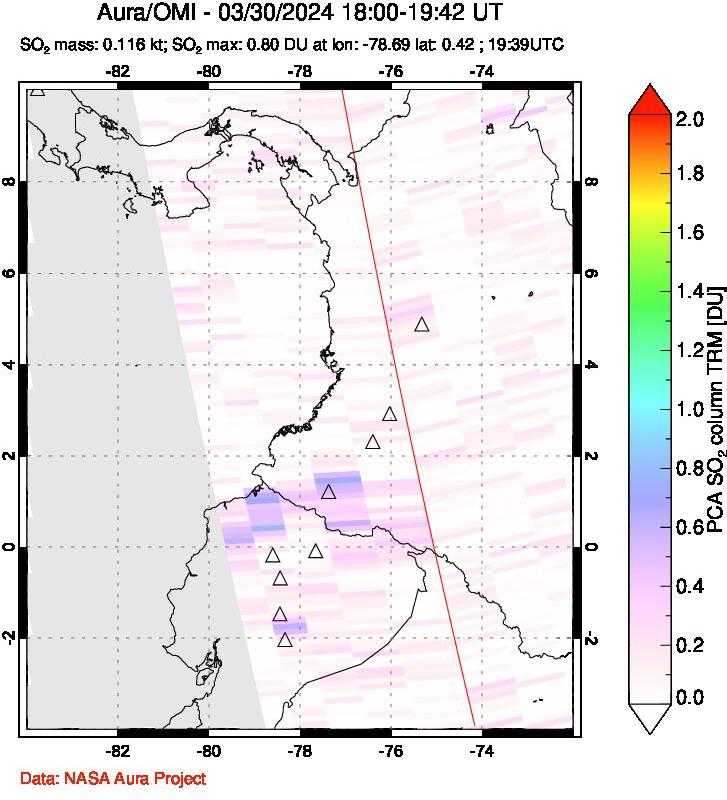 A sulfur dioxide image over Ecuador on Mar 30, 2024.