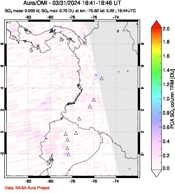 A sulfur dioxide image over Ecuador on Mar 31, 2024.