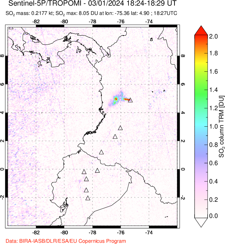 A sulfur dioxide image over Ecuador on Mar 01, 2024.