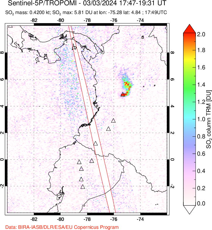 A sulfur dioxide image over Ecuador on Mar 03, 2024.