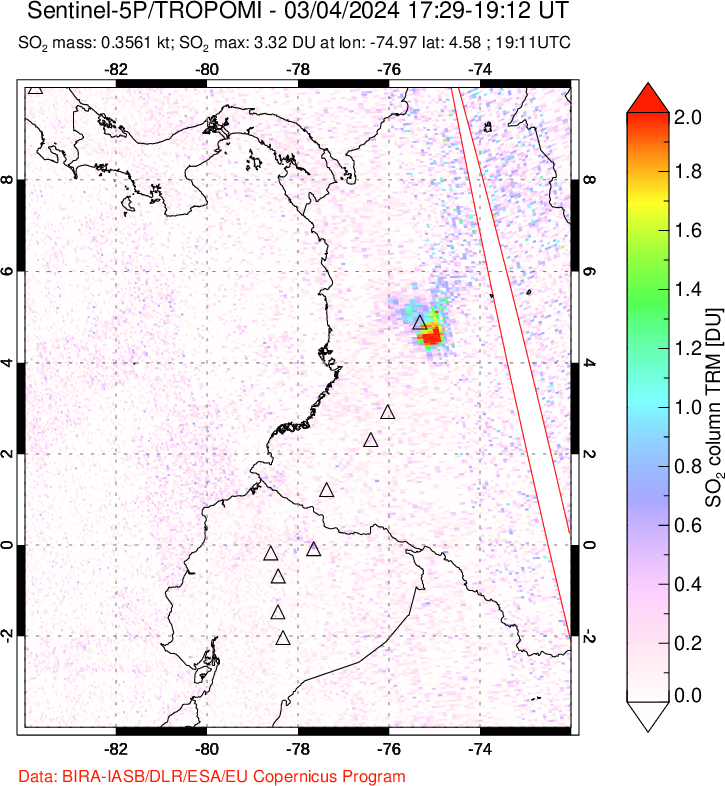 A sulfur dioxide image over Ecuador on Mar 04, 2024.